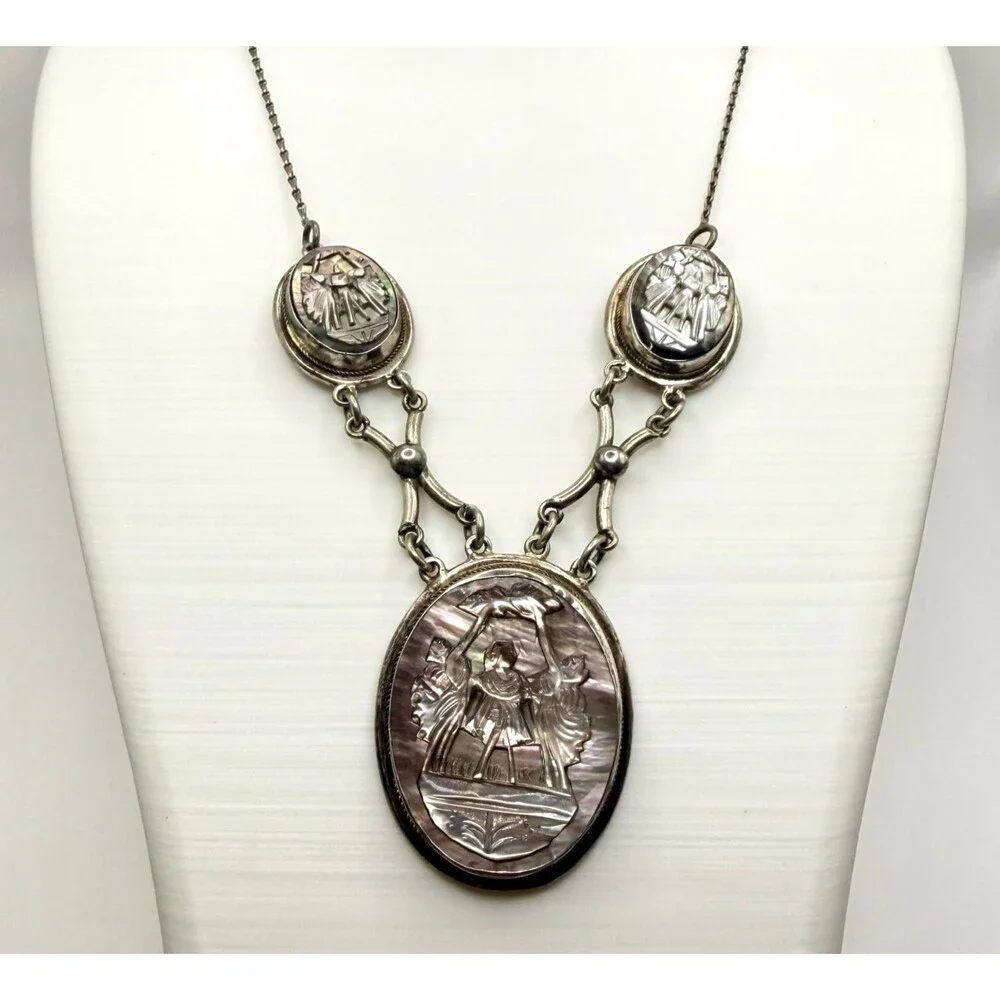 Antique Three Graces Carved Mother of Pearl MOP 800 Silver 3 Cameo Necklace Vtg